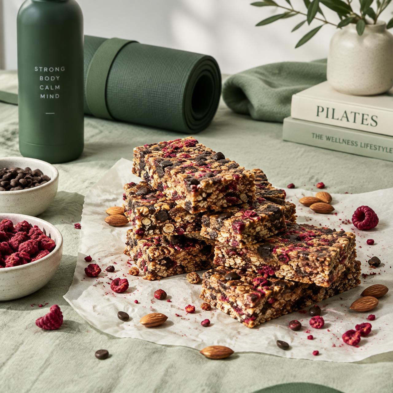 Domače granola ploščice z liofiliziranimi malinami, mandlji in temno čokolado
