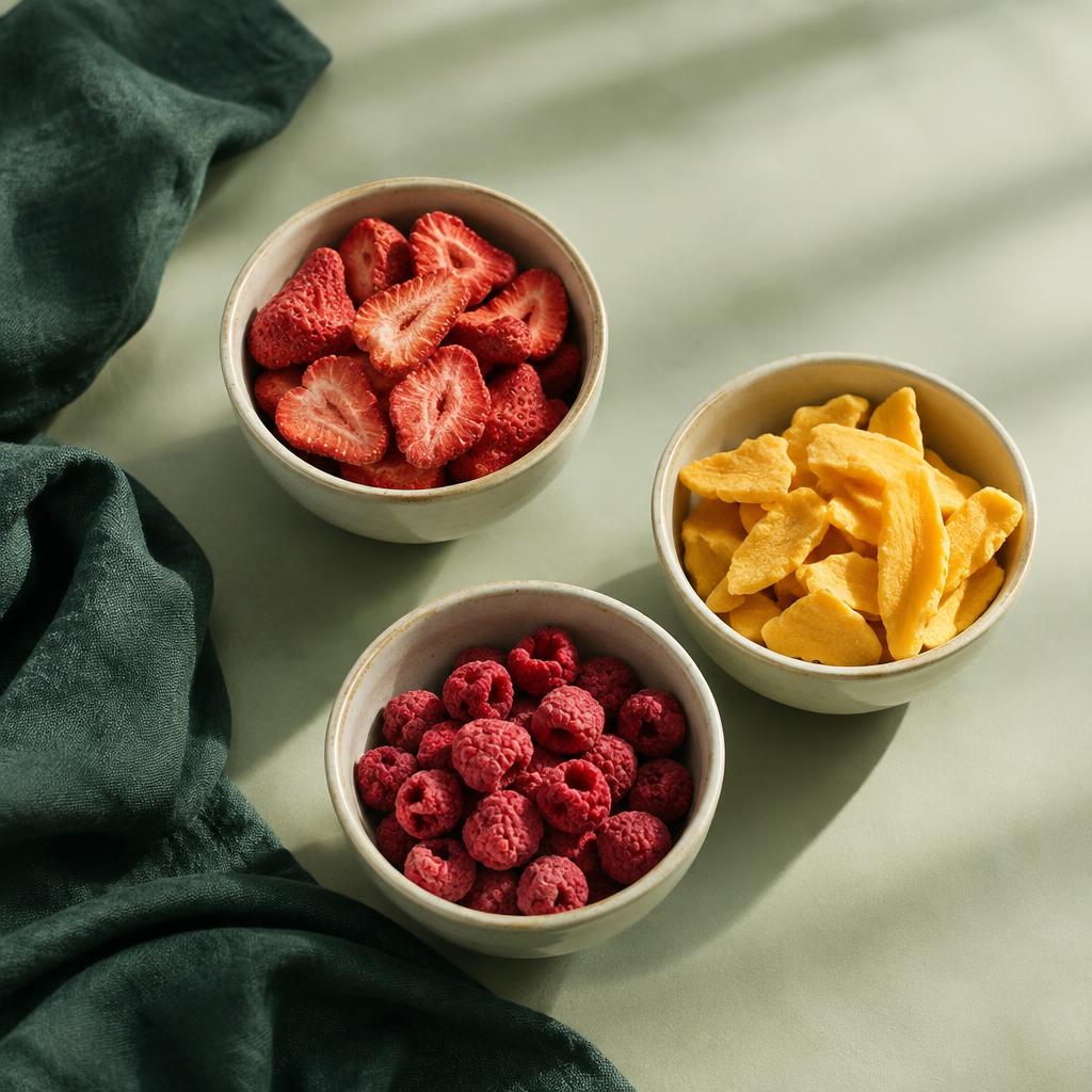 Liofilizirane jagode, maline in mango v skodelicah